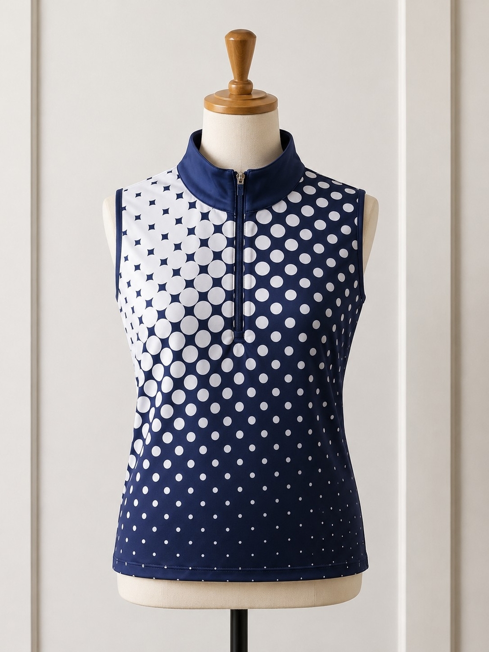 Sleeveless Navy Polka Dot Zip-Front Tank Top